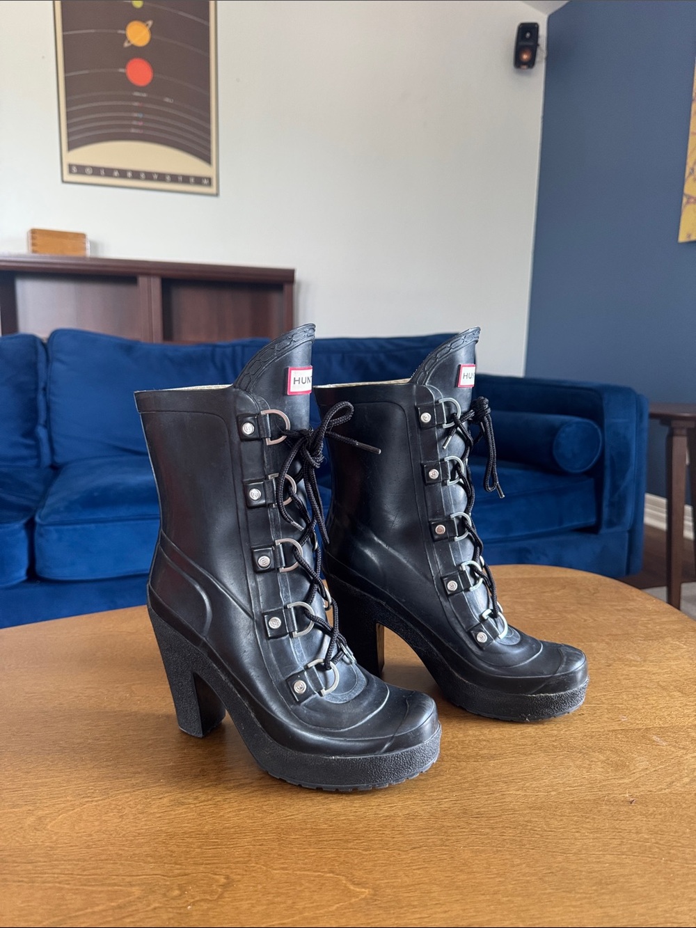 Hunter “Gabby” Black Lace-Up Platform Heeled Rain Boots